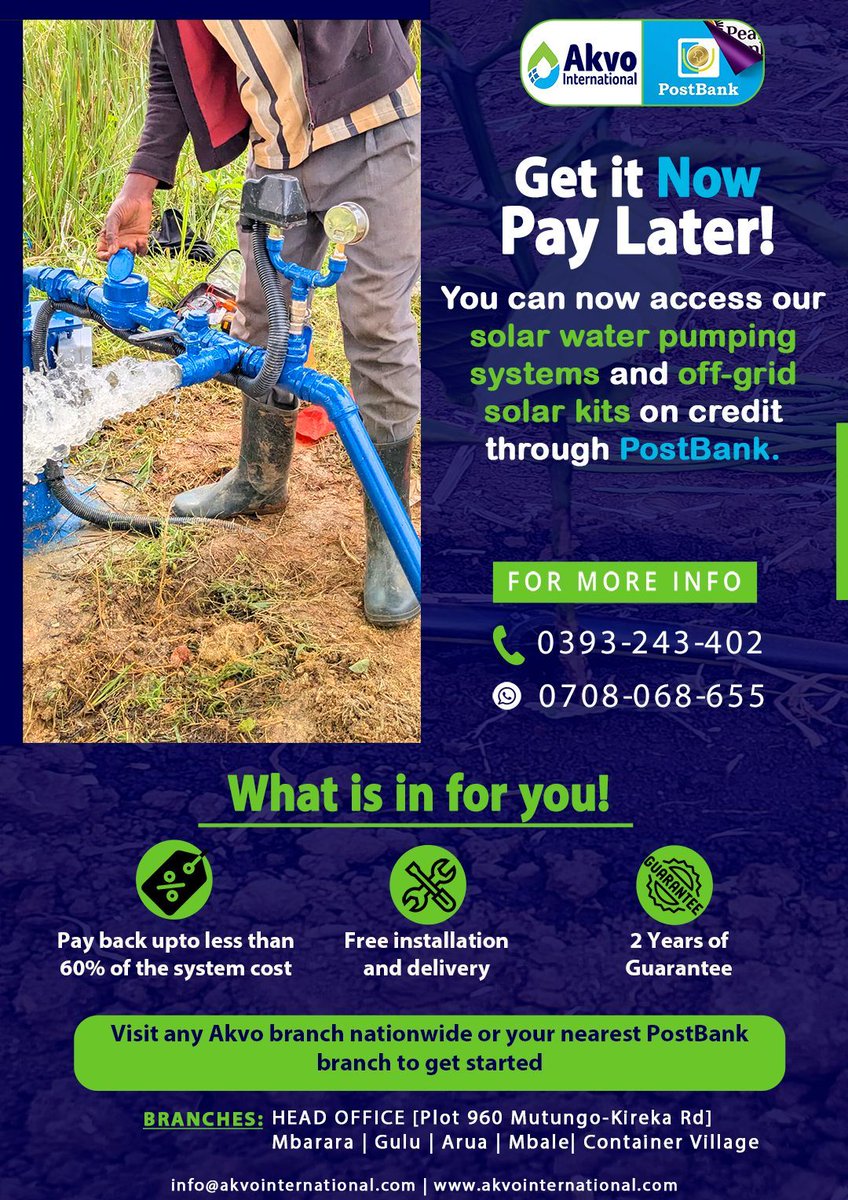 Akvo International Limited (@akvointltd) on Twitter photo BIG ANNOUNCEMENT! 🚨
We have joined forces with <a href="/UECCC1/">Uganda Energy Credit Capitalisation Company</a> and <a href="/postbankug/">PostBank Uganda</a> to bring you Solar Water Pumping & Solar Lighting on Credit! 💡
💸 With a <a href="/GovUganda/">Government of Uganda</a> subsidy, you payback ONLY 40% to 50% of the system cost!
Power your home, business or farm today! 🔋
#akvo #EASP BIG ANNOUNCEMENT! 🚨
We have joined forces with <a href="/UECCC1/">Uganda Energy Credit Capitalisation Company</a> and <a href="/postbankug/">PostBank Uganda</a> to bring you Solar Water Pumping & Solar Lighting on Credit! 💡
💸 With a <a href="/GovUganda/">Government of Uganda</a> subsidy, you payback ONLY 40% to 50% of the system cost!
Power your home, business or farm today! 🔋
#akvo #EASP