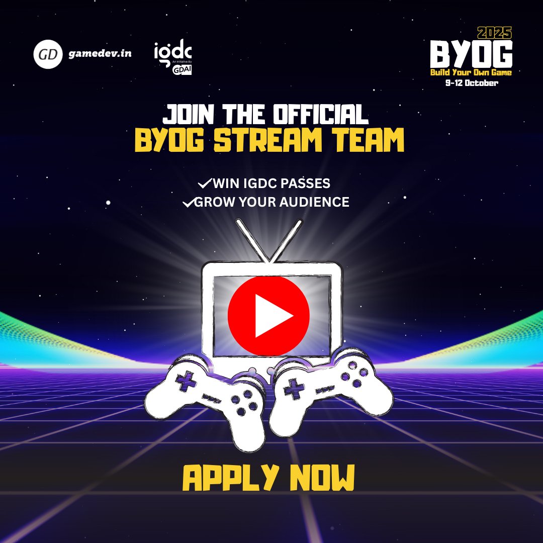 gamedev_india's tweet image. Streamers, ready to champion Indian indies?
Join the official #BYOG2025 Stream Team! Showcase 100+ new games and get rewarded with #IGDC2025 passes & huge stream promotion.
➡️ Apply for the BYOG 2025 Streamer Programme: forms.gle/k9sNxpR9soaCxv…
#Champion #GameJam #GameDevIndia