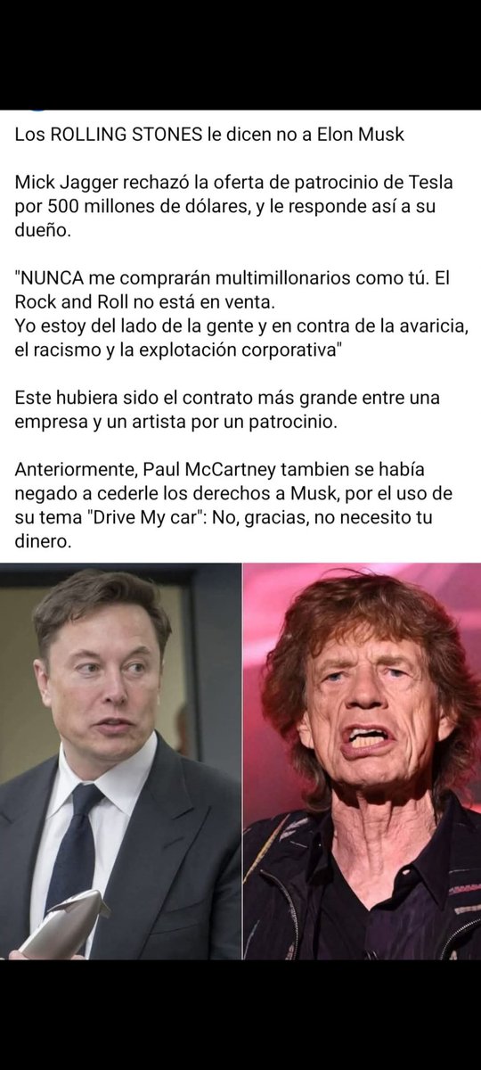David Heredia Delgado (@dherediadelgado) on Twitter photo Mike  Jagger rechazó la superoferoferta de Musk
Existen personas que tienen valores y que valen más que los miles de dólares
Estos valores son inalienables al ser humano: Libertad, Igualdad y Fraternidad
No al racismo
No a la explotación corporativa
El rock and roll no se vende Mike  Jagger rechazó la superoferoferta de Musk
Existen personas que tienen valores y que valen más que los miles de dólares
Estos valores son inalienables al ser humano: Libertad, Igualdad y Fraternidad
No al racismo
No a la explotación corporativa
El rock and roll no se vende