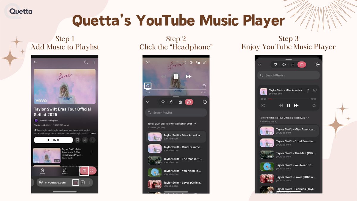QuettaBrowser's tweet image. Quetta iOS v1.2.6 brings YouTube Music Player! 🎶

1️⃣ One tap to add songs or full YouTube playlists to Quetta
2️⃣ Tap the 🎧 icon
3️⃣ Enjoy background music play like a real music app

#BrowserUpdate #QuettaBrowser