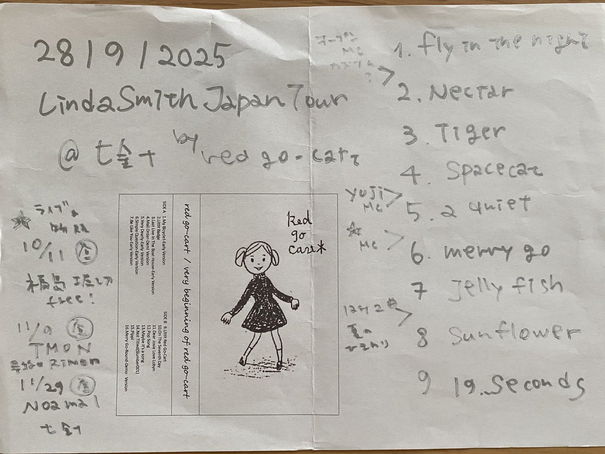 redgocarrrt's tweet image. Linda Smith Japan Tour 2025
red go-cart（動担当）
2025.9.28 七針🪡
セットリスト

1 fly in the night
2 nectar
3 tiger tiger
4 space cat
5 a quiet evening（silly pillows cover）
6 merry go round
7 jelly fish
8 sunflower
9 19 seconds

Lindaさんがcoverを喜んでくれて本当に嬉しかった😭