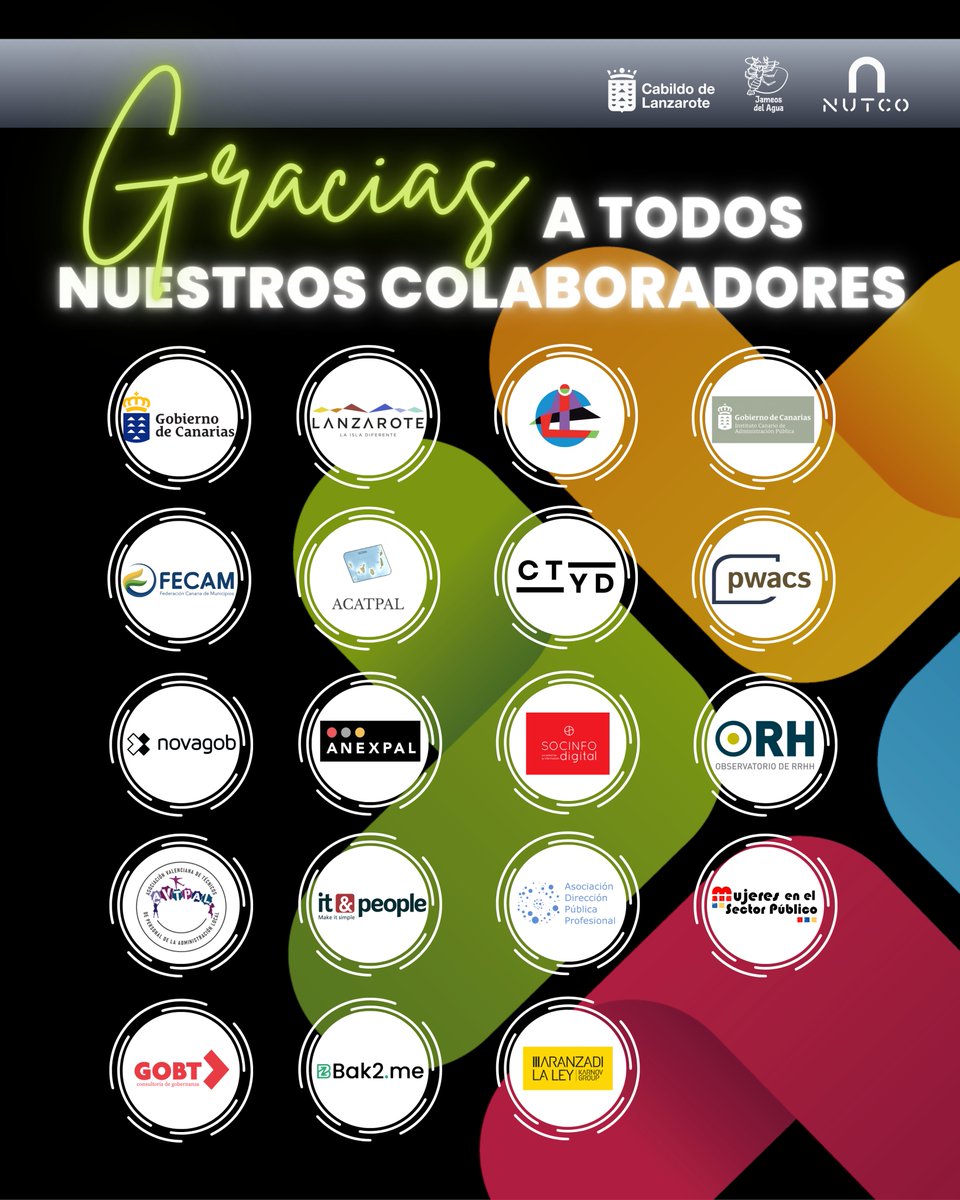 📢El III Encuentro Nacional de Gestión Pública no sería posible sin nuestras empresas e instituciones colaboradoras🙌

Desde NUTCO y el <a href="/CabildoLZ/">Cabildo de Lanzarote</a>, GRACIAS por vuestro compromiso, apoyo y por contribuir a que sea una experiencia única🌋
✨¡Nos vemos muy pronto en Jameos del Agua!