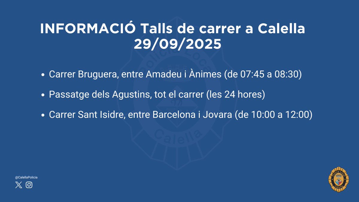 INFORMACIÓ | Talls de carrers a Calella per dilluns 29 de setembre de 2025.