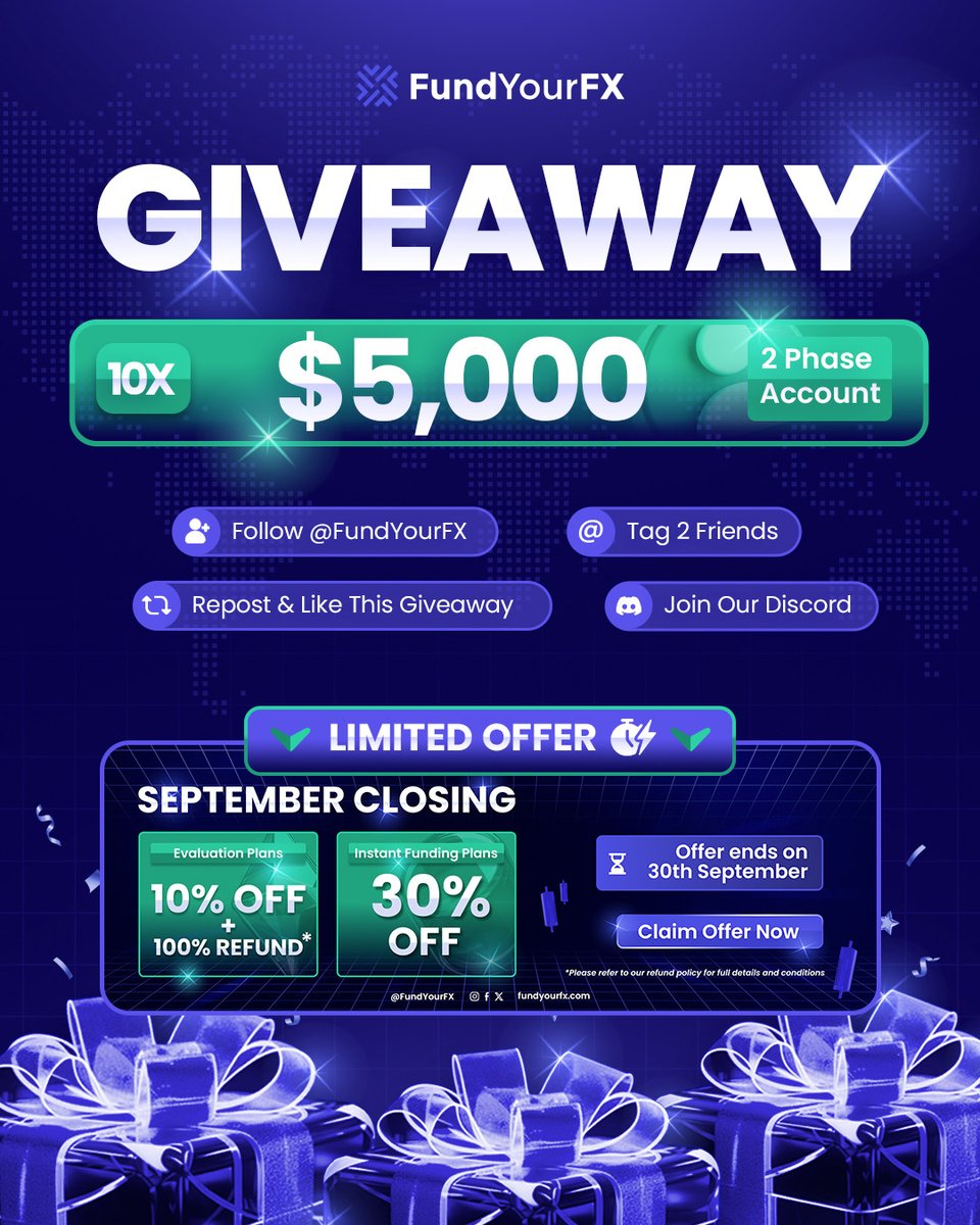 🎆$50,000 Funded Account Giveaway!🎆
We’re giving away 10 x $5K 2-Step Accounts

How to Enter:
Follow <a href="/FundYourFX/">FundYourFX - Prop Firm</a>
Like, Repost this Giveaway
Tag 2 Traders
Join our Discord: discord.gg/EcwR4jTknZ

Winners' announcement in 72 hours! Don’t wait.