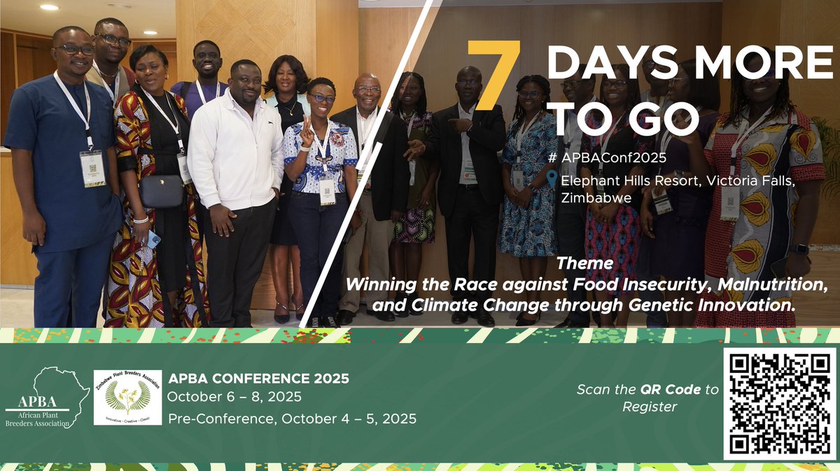 7 Days to the APBA Conference 2025!

Join us at Elephant Hills Resort, Victoria Falls, Zimbabwe, for three days of innovation, collaboration, and breakthroughs in plant breeding.

Register here: africanplantbreeders.org

#APBAConf2025