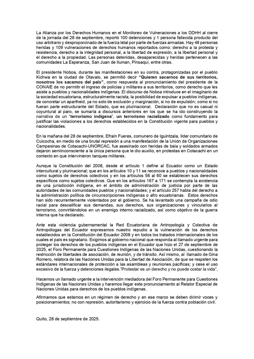 AntropologiaRed's tweet photo. Ante los graves acontecimientos de vulneración de derechos de miembros de comunidades y pueblos indígenas del Ecuador, nos pronunciamos la Red de Antropología Ecuatoriana y la Colectiva de Antropólogas del Ecuador

#ParoNacionalEcuador
#ParoNacional2025 https://t.co/favMvtxCgD