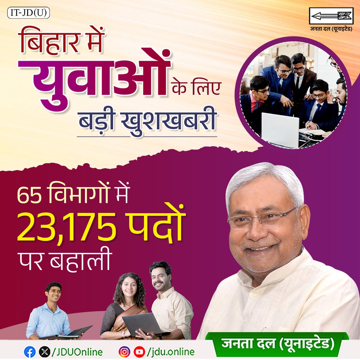 Jduonline's tweet photo. बिहार के हर युवा के सपने होंगे साकार.. क्योंकि बिहार में है नौकरियों की बहार.. 

जल्द ही राज्य के 65 विभागों में 23 हजार से अधिक पदों पर होगी बहाली।

#RojgarMatlabNitishSarkar #DhanyawadNitishSarkar https://t.co/74QsvMYrcn