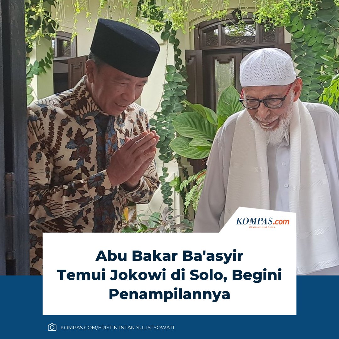 kompascom's tweet photo. Abu Bakar Ba'asyir mengunjungi kediaman Mantan Presiden Joko Widodo (Jokowi) di Kawasan Sumber, Kecamatan Banjarsari, Kota Solo, Jawa Tengah, pada Senin (29/9/2025). Pertemuan keduanya berlangsung secara tertutup selama kurang lebih 30 menit.

Klik untuk baca: https://t.co/Fn8GcLdJBy

| #Jokowi #Baasyir #Solo