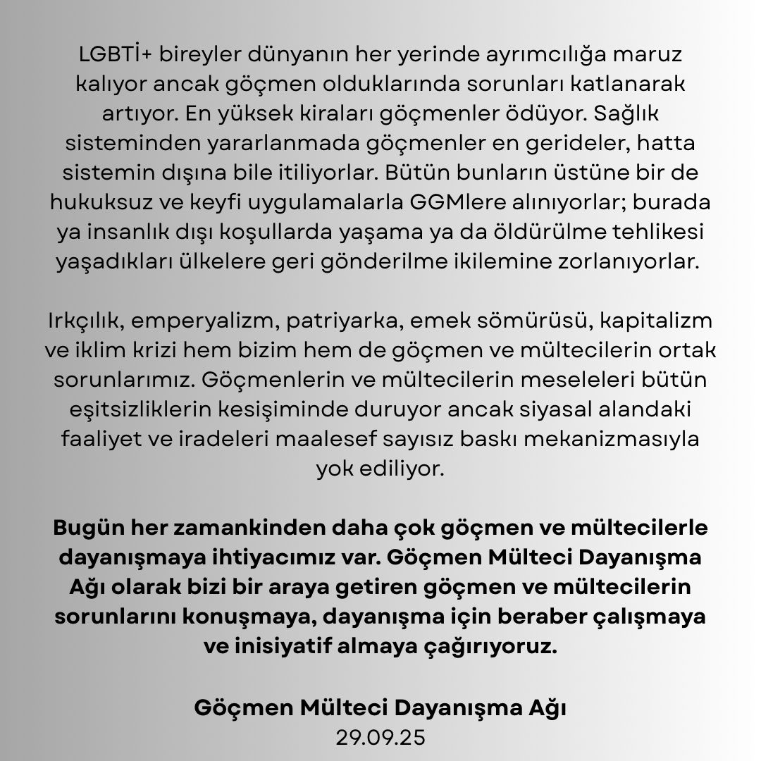 Goc_Dayanisma's tweet photo. Göçmen ve Mültecilerle Dayanışmaya Çağırıyoruz

Bugün her zamankinden daha çok göçmen ve mültecilerle dayanışmaya ihtiyacımız var. Ağ olarak bizi bir araya getiren göçmen ve mültecilerin sorunlarını konuşmaya, dayanışma için beraber çalışmaya ve inisiyatif almaya çağırıyoruz. https://t.co/jY3qK2Qn2G