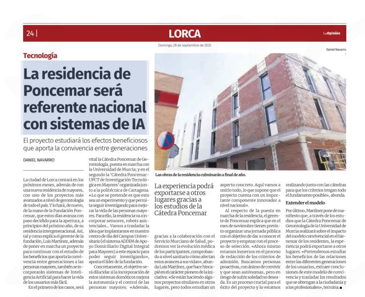 La residencia intergeneracional Cohousing de Poncemar, en construcción, estudiará la aplicación de tecnologías en personas mayores.

laopiniondemurcia.es/municipios/202…

<a href="/UPCToficial/">Universidad Politécnica de Cartagena | UPCT</a>  <a href="/UMU/">Universidad Murcia</a>  <a href="/CatedraPoncemar/">Cátedra Poncemar</a>  <a href="/Imserso/">Imserso</a>  <a href="/MatiaFundazioa/">Matia</a>