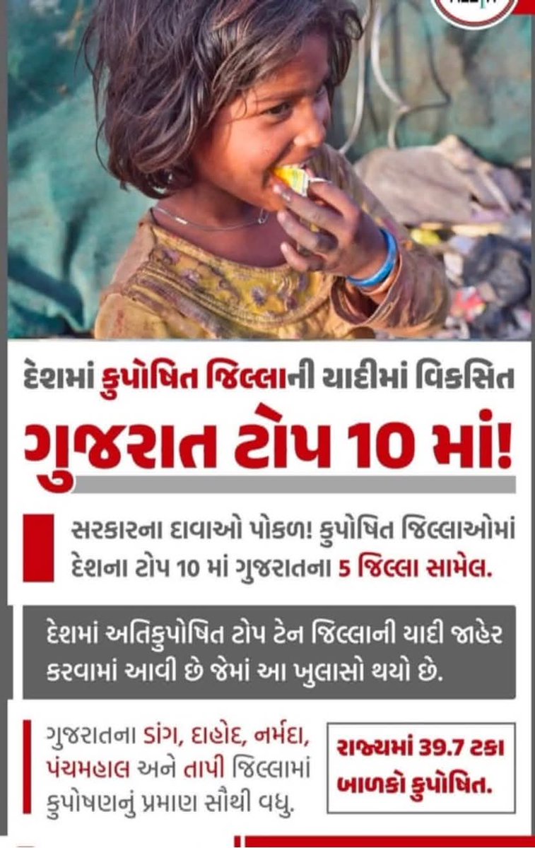 Chaitar_Vasava's tweet image. BJP सरकार कहती है कि डबल इंजन सरकार आदिवासीयों के प्रति बहुत संवेदनशील है, फिर गुजरात के आदिवासी ज़िलों में बच्चे कुपोषित और अशिक्षित क्यों हैं? 
डांग,दाहोद,नर्मदा,पंचमहाल और तापी जिलों में कुपोषण देश में टॉप 10 पर है।
BJP आदिवासीयों को सिर्फ़ वोट बैंक की तरह इस्तेमाल कर रही है।