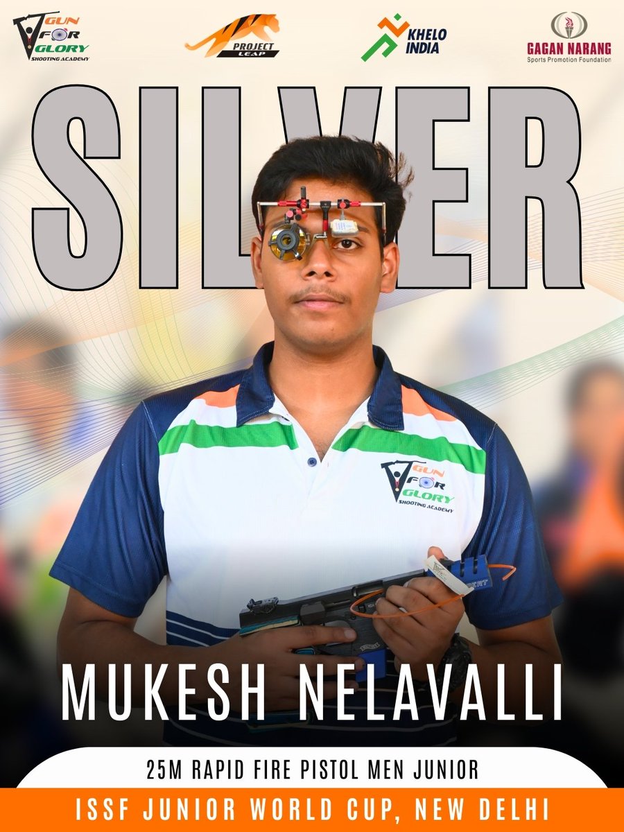 Gun_for_Glory's tweet photo. Congratulations to our athlete Mukesh Nelavalli! 🥈He brings home the Silver medal in 25m Rapid Fire Pistol Men Junior, with the score of 27 at the ISSF Junior World Cup, Delhi 2025. A proud moment for India! 

#india #gnspf #silver #issf #gunforglory #projectleap #kheloindia https://t.co/cfvux1jNJ0