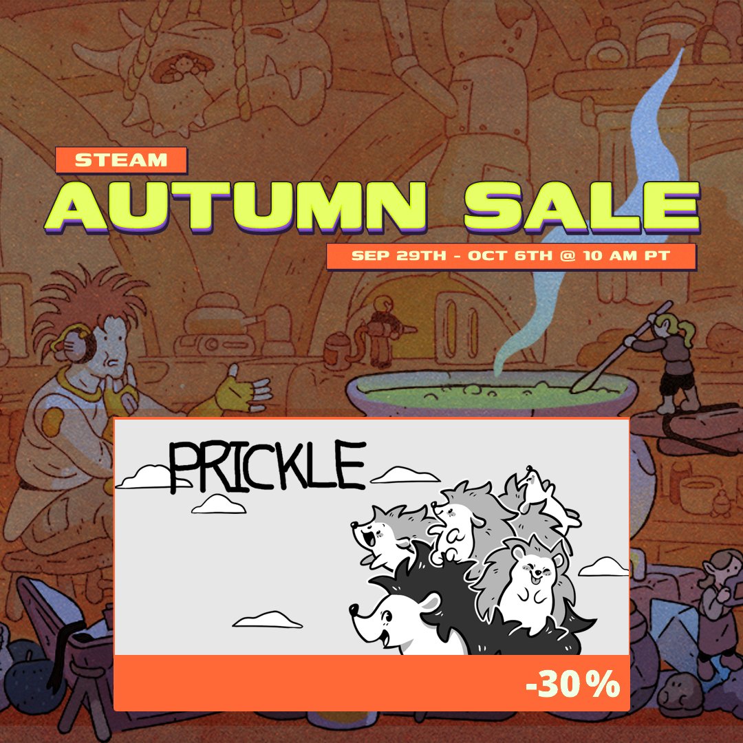 The Steam Autumn Sale is upon us, and it's a great opportunity to try out Prickle!

It is the ULTIMATE autumn game!

We have pinecones as a main mechanic, for crying out loud! 🦔🦔🦔

It's right here - 
store.steampowered.com/app/2759760/Pr…