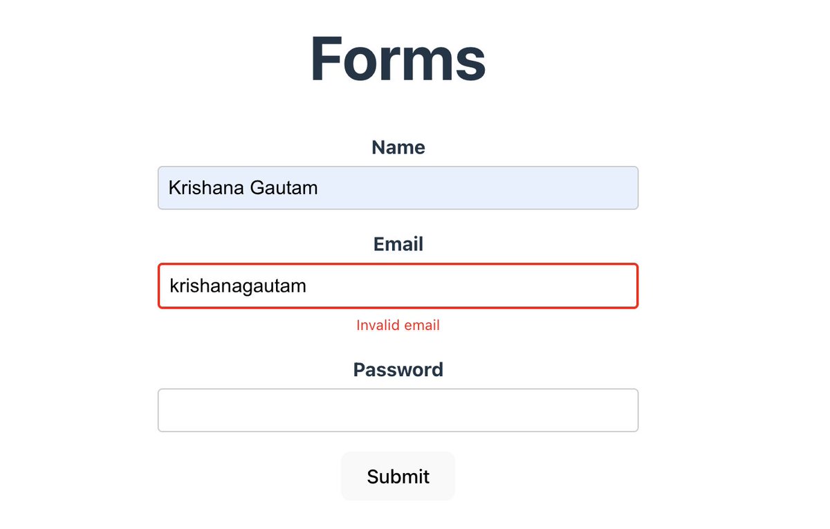 krishanagautam_'s tweet image. From my experience, fields like Email & Password benefit from onChange validation.
Otherwise, if validation only happens onBlur, the user might have to revisit the field multiple times, which isn’t great UX. #ReactJS #ReactForms