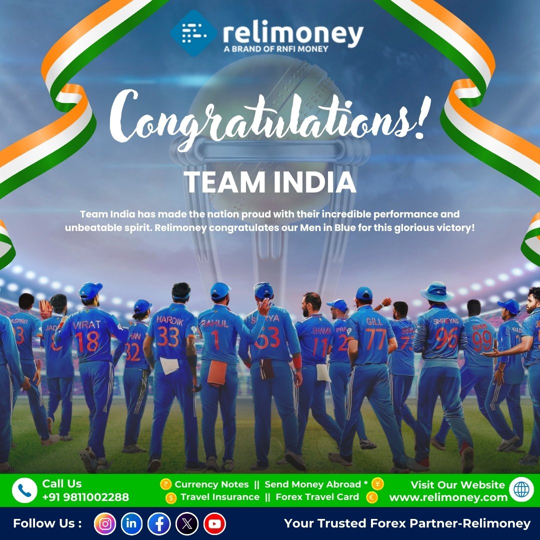 ReliMoney's tweet photo. 🏆🇮🇳 Congratulations, Team India! 🇮🇳🏆
Our Men in Blue have once again made the nation proud.
Relimoney salutes this winning moment and joins every Indian in celebrating the triumph of our champions.
#Relimoney #TeamIndia #Champions #MenInBlue #Victory #ForexPartner #ProudMoment https://t.co/UPmJXrXZNZ
