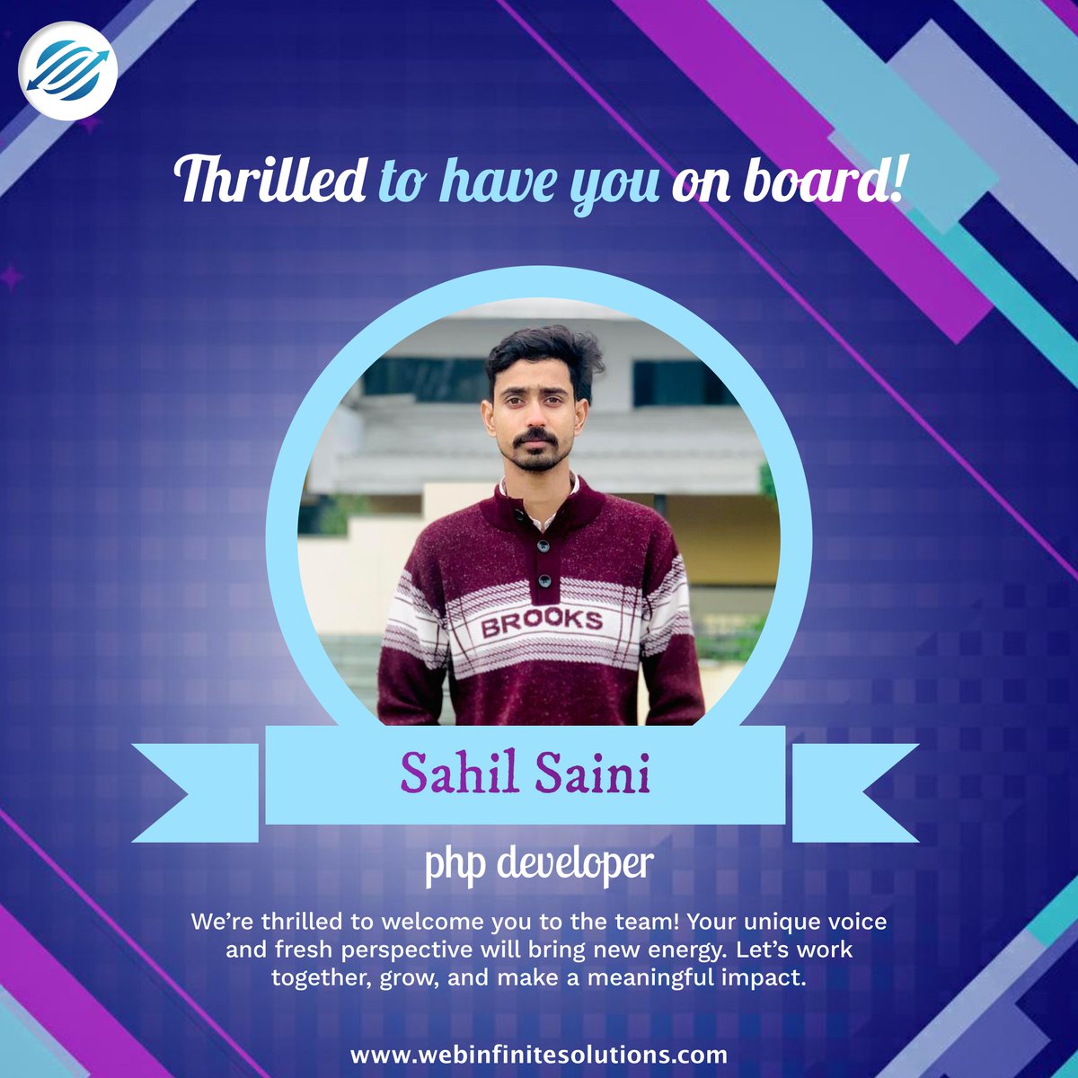 WebInfiSol's tweet image. 💼 Thrilled to welcome Sahil Saini to our tech team at Web Infinite Solutions!
Every new team member brings new possibilities — excited for the journey ahead. Let’s build something amazing together! 🌟
#WelcomeToTheTeam #PHPDeveloper #TechCareers #WebInfiniteSolutions