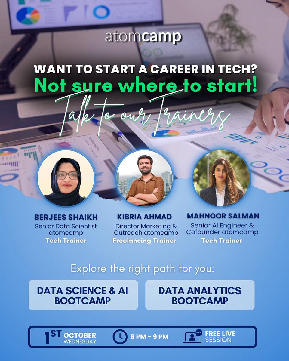 atomcamp's tweet image. Want to start a career in tech but not sure where to start? Talk to our expert trainers in the live exlusive session and navigate your path.
Learn about our Data Science & Al Bootcamp and Data Analytics Bootcamp. We'll walk you through the key differences between the two…