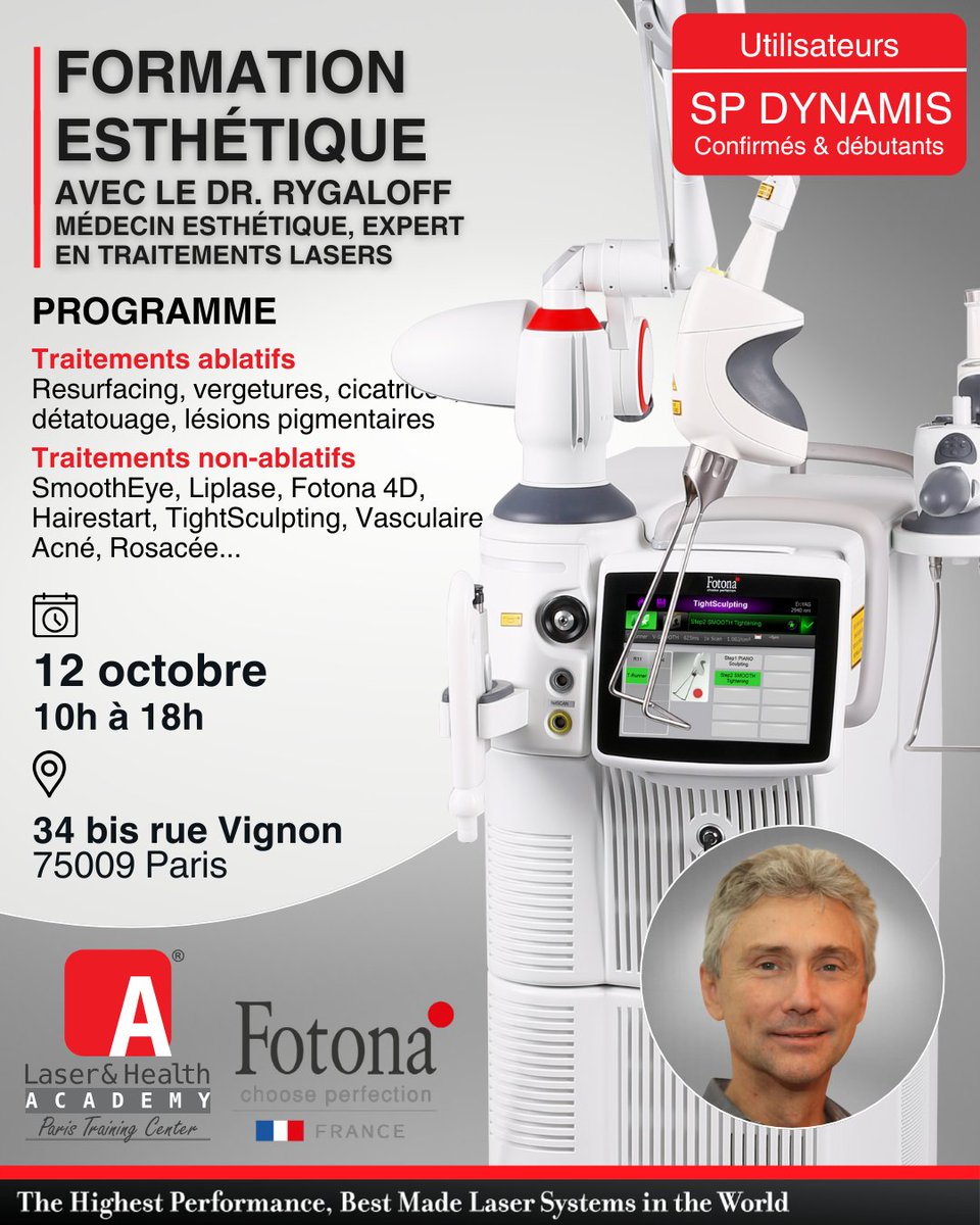 FotonaFrance's tweet image. [ Formation SP Dynamis avec le Dr Rygaloff ]

📅 Le 12 octobre 2025 de 10h à 18h à CliniSkin Paris
Formation est réservée aux utilisateurs débutants et confirmés

Inscription : fotonafrance.typeform.com/to/mQGlNarj

#FormationMedicale #FotonaFrance #Medecins #LasersMedicaux #Laser
