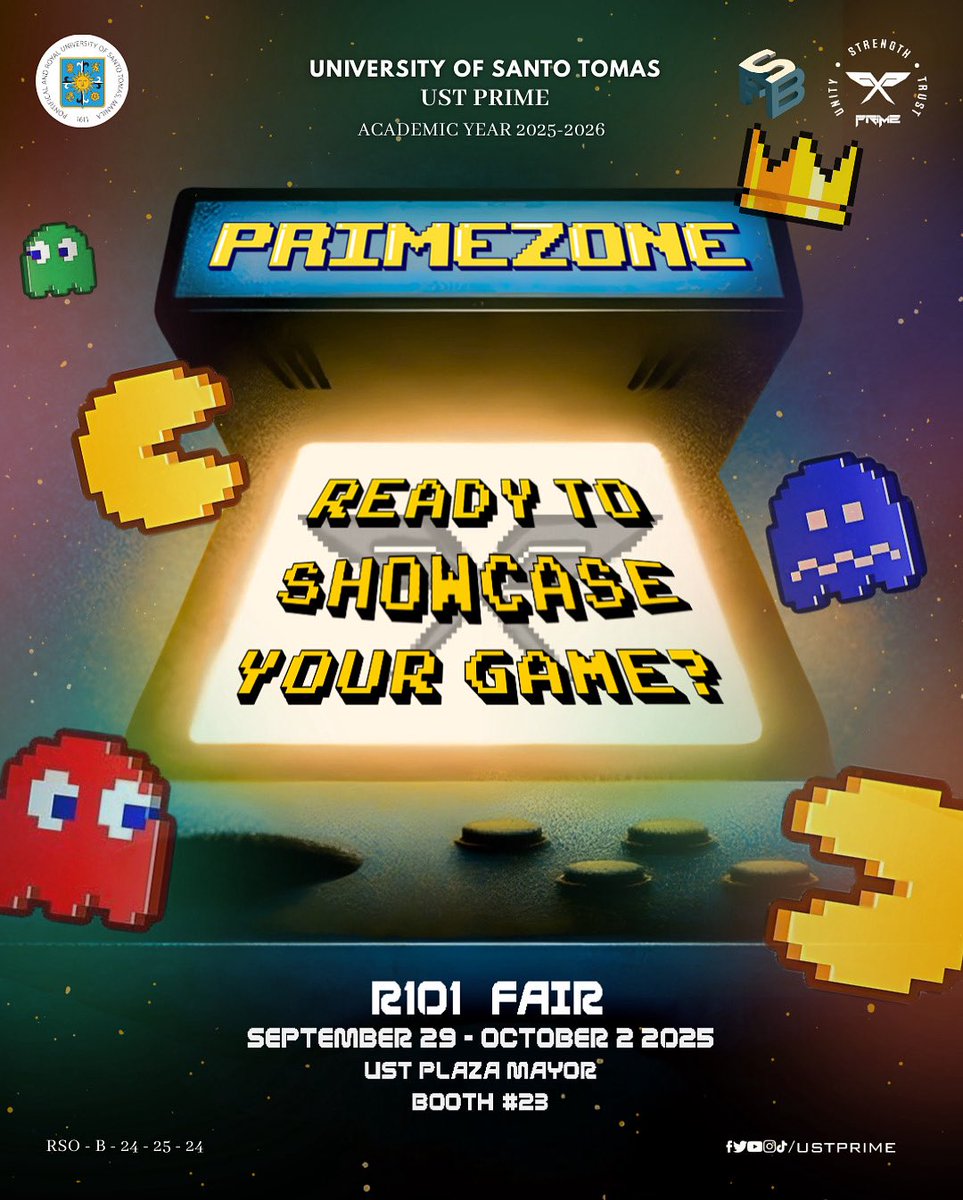 into PRIMEZONE—where every beat is a boss battle, and every move is a power-up. 🎶✨

📍 Visit our booth at the R101 Fair, UST Plaza Mayor, from September 29 to October 2, 2025.

Board by: Miguel Talavera
Caption by: Jillian Dominguez &amp; Red Dabuet

#USTPRIME #PRIMEtime #PRXME