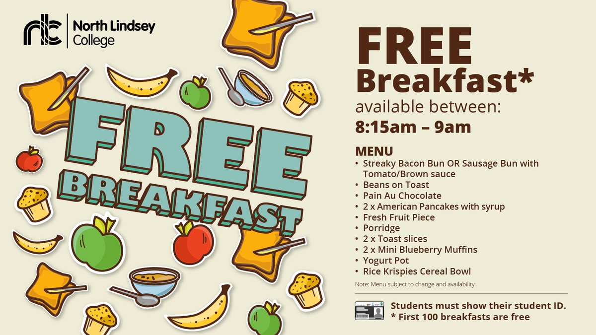 Free Breakfast.........

 We’re delighted to once again be offering our students a free breakfast (subject to availability).