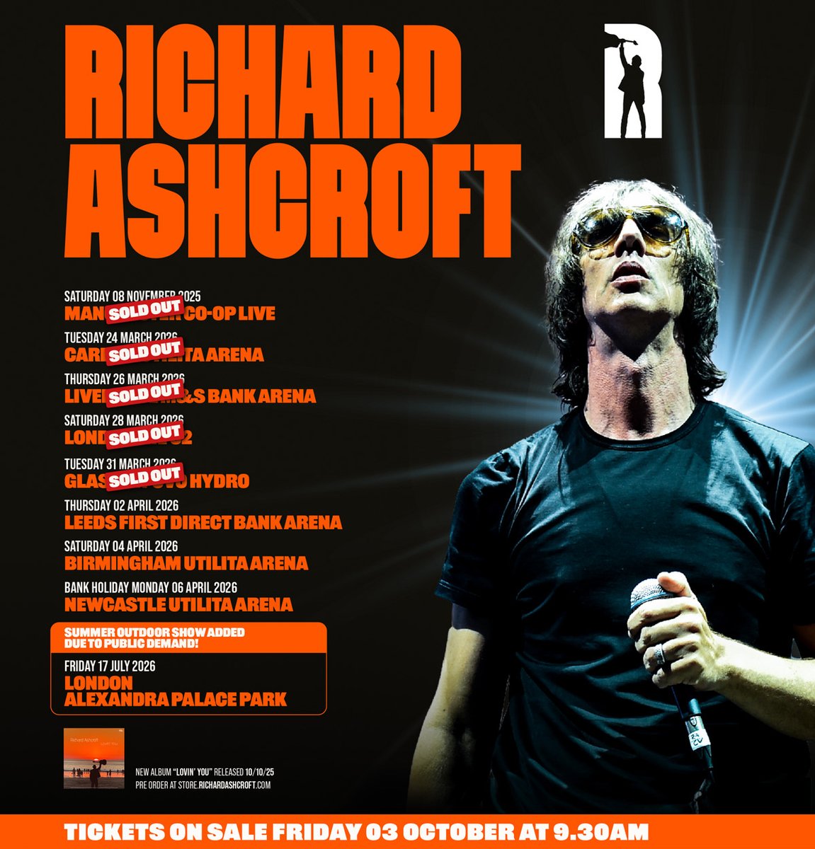 richardashcroft's tweet image. Due to overwhelming demand in London with the O2 show sold out, we&apos;re delighted to announce an outdoor summer date in London at Alexandra Palace Park 17th Jul 2026. Tickets on general sale Fri 3rd Oct 9:30am. Pre-order ‘Lovin You’ from store.richardashcroft.com for pre-sale access.