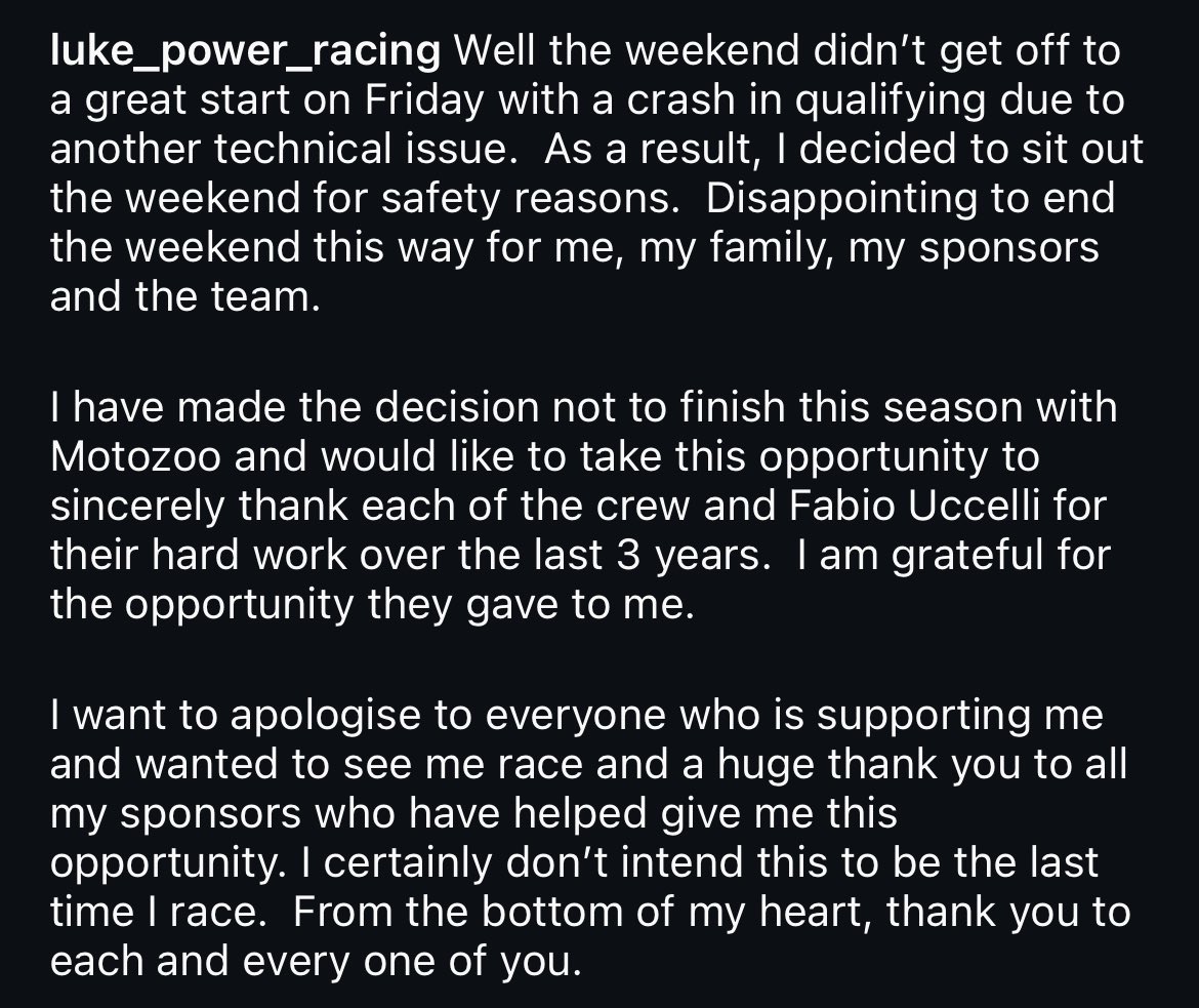 Dissapointed to end the weekend this way for me, my family, my sponsors and the team. From the bottom of my heart thank you to everyone who is supporting me