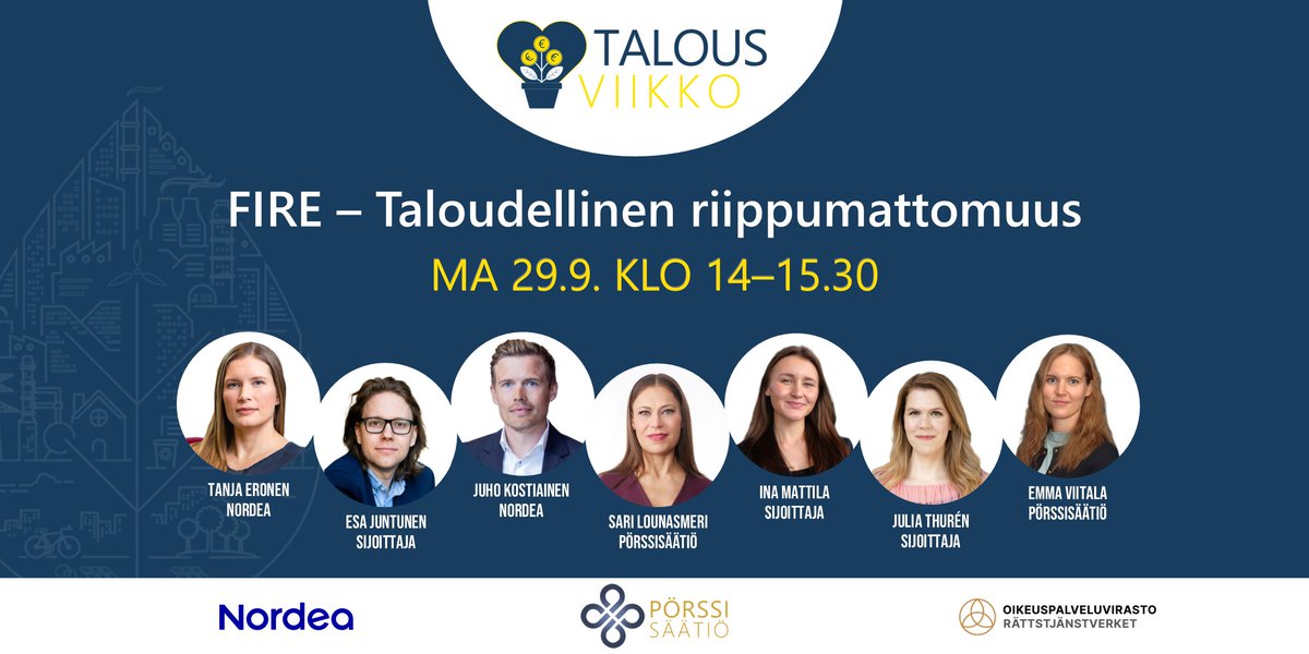 Tämä viikko on #Talousviikko!
Tänään aiheena #FIRE – taloudellinen riippumattomuus.
Ohjelmassa asiantuntijapuheenvuoroja ja paneelikeskustelu, jossa mukana @JuliaThuren, <a href="/Omavaraisuus/">Esa Juntunen (Omavaraisuushaaste)</a>, <a href="/JuhoKostiainen/">Juho Kostiainen</a>  &amp; <a href="/InaMattila/">Ina Mattila</a>.

Osallistu etänä tai katso tallenne ➡️ talousviikko.fi.