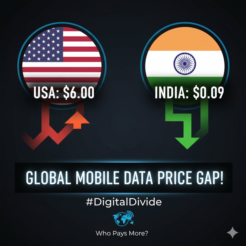 Times_of_Cinema's tweet image. 🤯 The cost of 1GB mobile data varies wildly:
✴️🇺🇸 USA: $6.00
✴️🇮🇳 India: $0.09

India has incredibly cheap data! 📈
#MobileData #InternetPrice #DigitalIndia 🌐💰