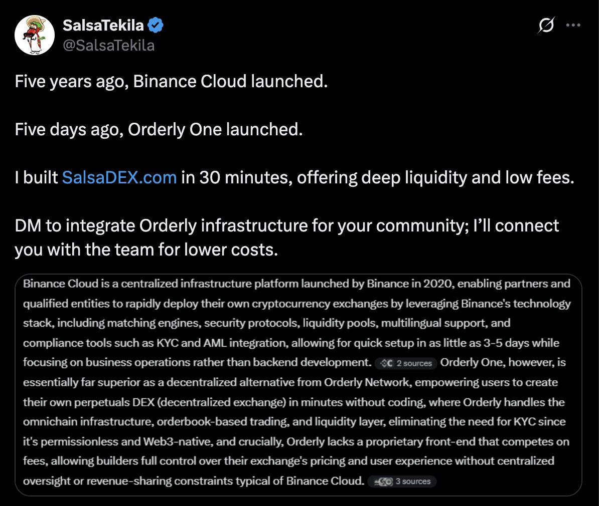 DefiSquared's tweet image. Virtuals ran to 5 billion+ over the course of the agent meta. Orderly, the functional equivalent for perp dexes, has no competition in its lane and is seeing large KOLs launching new Orderly powered DEXs daily, while still at just $350M FDV even after new Binance + Upbit listing.