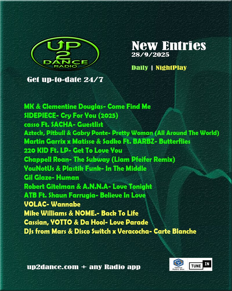 This is the NEW entries to our daily playlist this week 📢

Discover them FIRST Every Saturday night &gt; up2dance.com 📟
.
#newmusicalert #up2dance #up2danceradio #up2danceplaylist #NightPlay #NowPlaying #PlayNow #dancemusic #HouseMusic #edmmusic #popmusic #partymusic