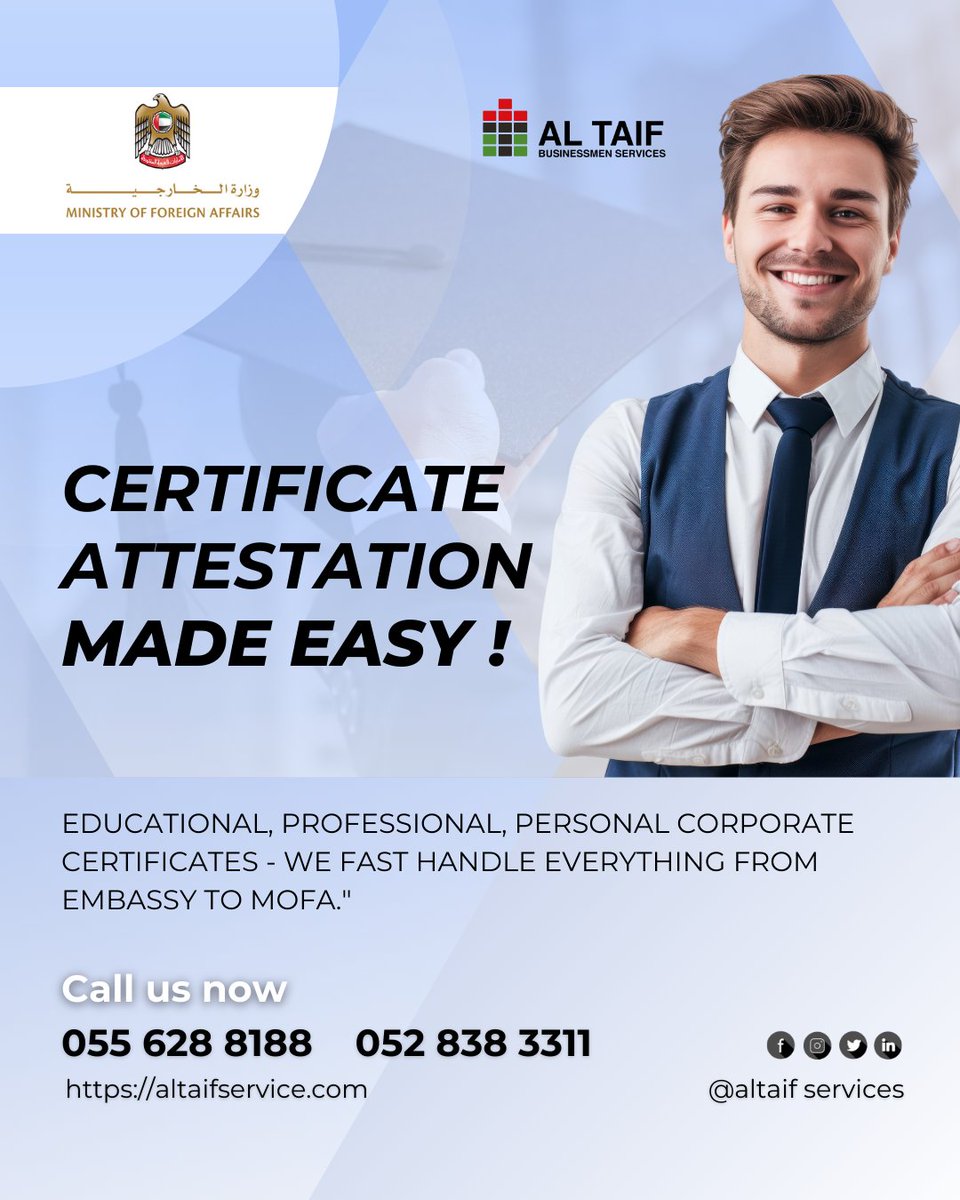 AltaifBusiness's tweet image. wa.link/vo2041 
#ClientFirstApproach #AlTaifBusinessServices #UAEOpportunities #FYP #DubaiVisa #BusinessServices #InvestInDubai
#CertificateAttestation #MOFA #EmbassyApproval #FastAndReliable #OneStopService #DocumentAttestation #DegreeValidation #UAE #AlTaifServices