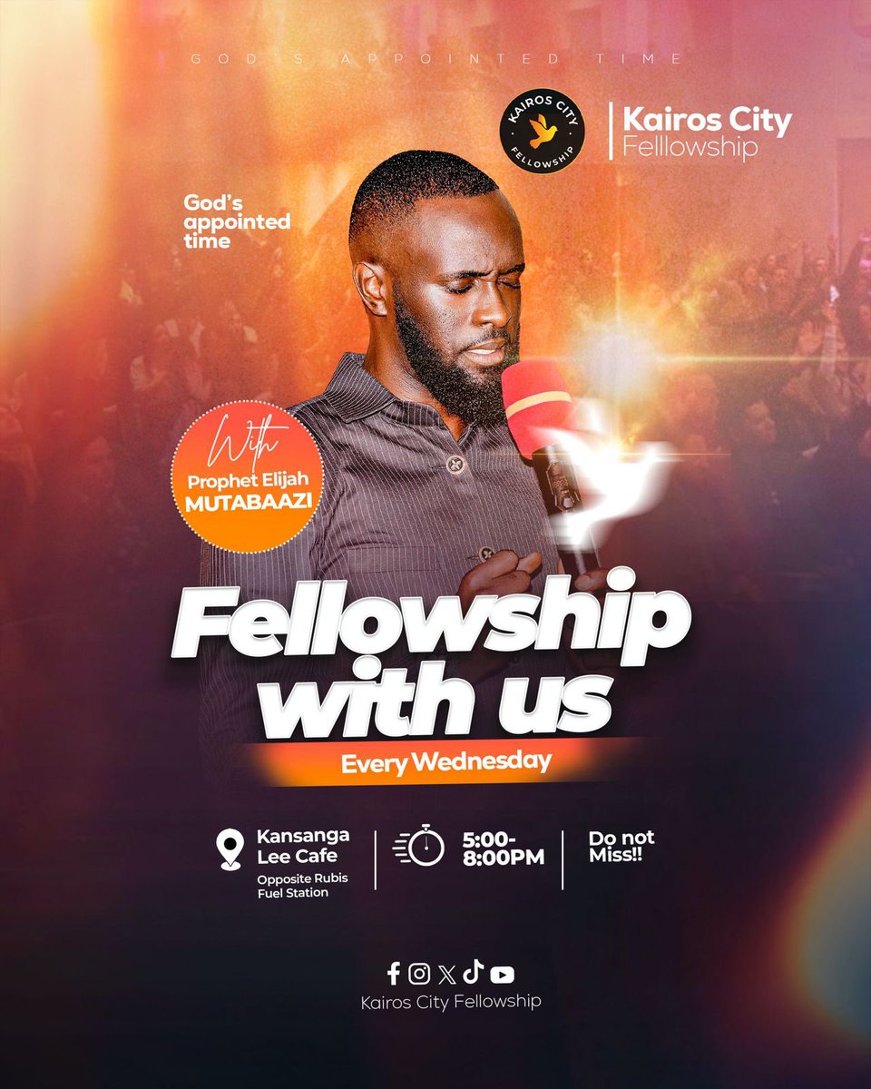Special Announcement!

KAIROS CITY FELLOWSHIP effective 01/ October 2025 shifted from Kabalagala to Kansanga at Llee Cafe first floor Opposite Rubis Fuel Station.

We welcome you to join us this week at 5pm.

Shalom
Prophet Elijah.