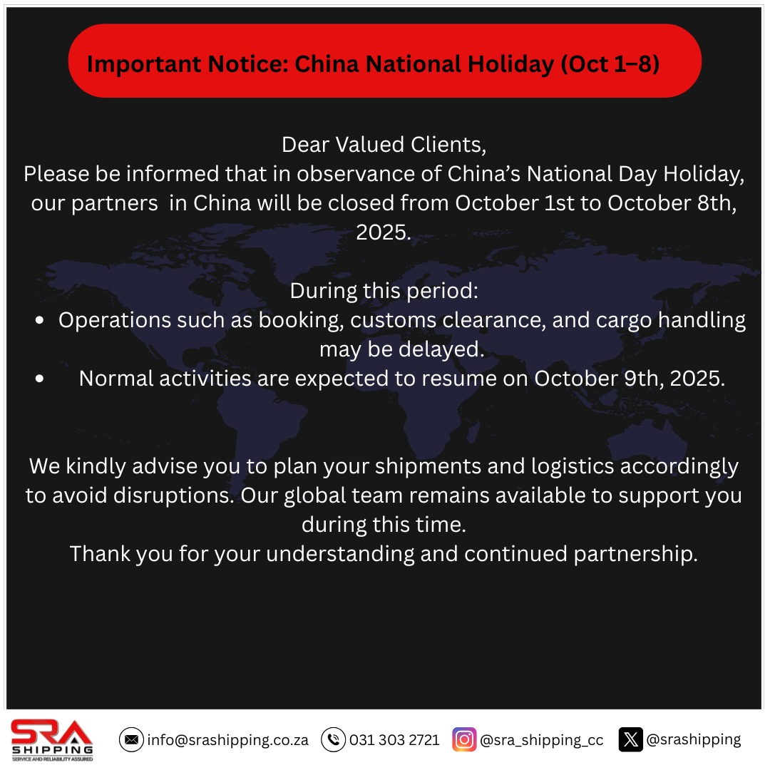 srashipping's tweet photo. China National Holiday Notice

Please note that our partners in China will be closed from Oct 1–8.

Plan ahead to avoid delays. We're here to support you! https://t.co/2UF0BnJKK2