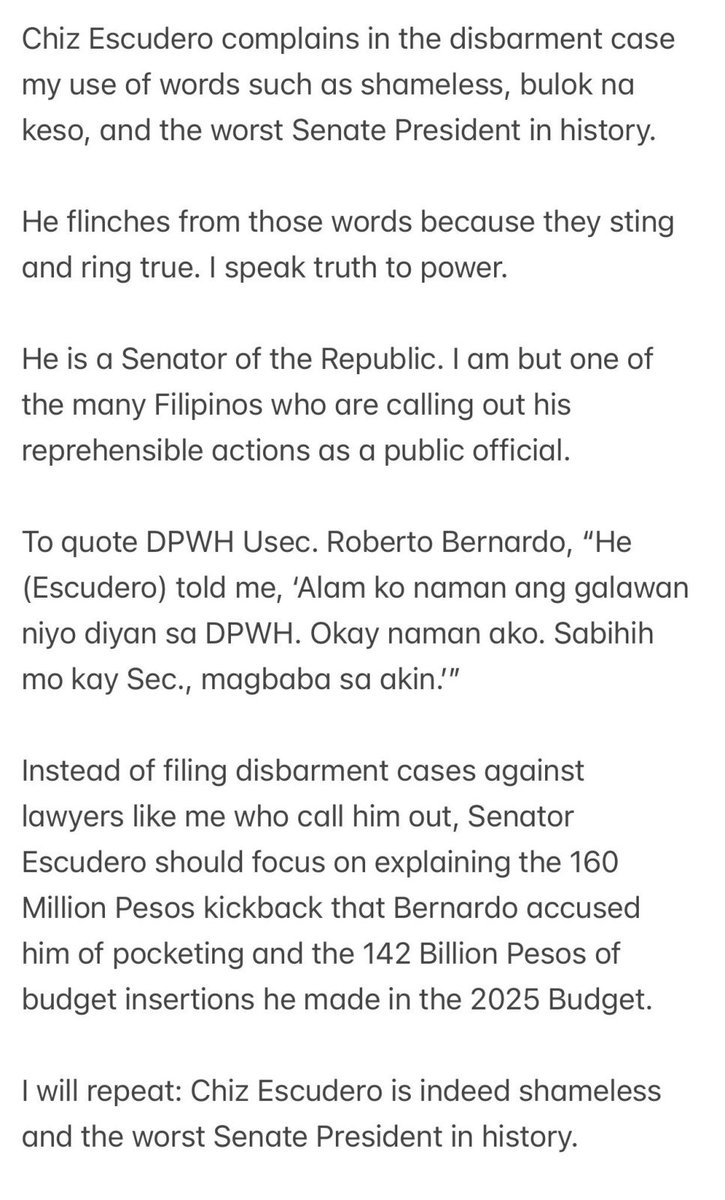 ‘THE WORST SENATE PRESIDENT IN HISTORY’ 

Atty. Jesus Falcis tells BNC Senator Francis Escudero’s disbarment appeal against him is a violation of the Rules of Court. | via <a href="/rachelivvvv/">ivy</a>, bnc.ph