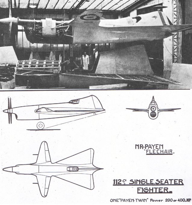 The Payen Pa.112 C.1 "Flechair" was a highly innovative twin-engine fighter designed in 1938.
It was equipped with counter-rotating propellers, delta wings, two 7.5 mm machine guns and a 20 mm cannon.
Deemed too fanciful, it was rejected by the French Air Force.