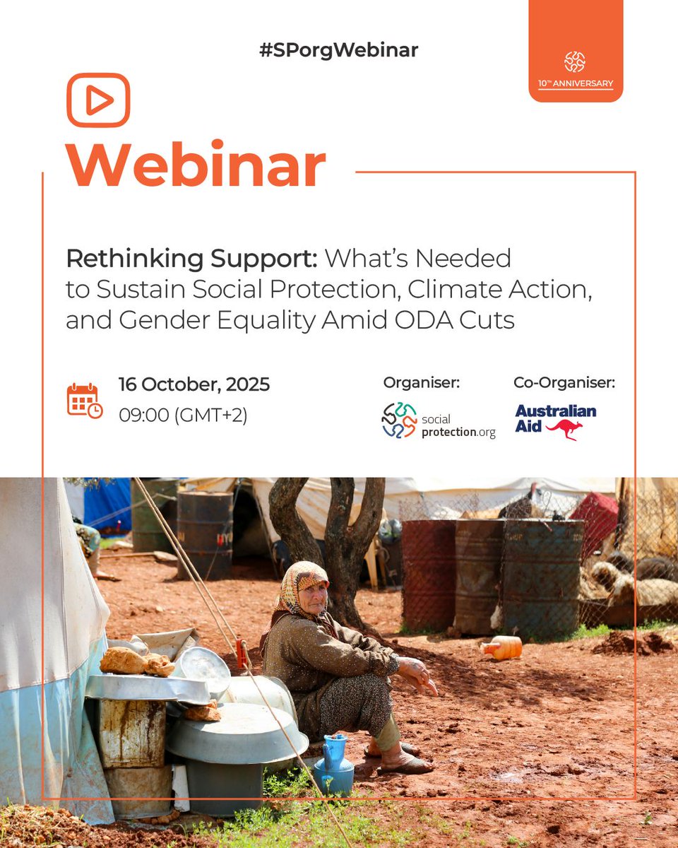 #SPorg10YearsCampaign #SPorgWebinar 📢 Join us for a special #SPorgWebinar as part of the #SPorg10YearsCampaign: Rethinking Support: “What’s Needed to Sustain Social Protection, Climate Action, and Gender Equality Amid ODA Cuts”. 📅 16/10 🕛 09:00 (GMT+2) tinyurl.com/4netmp8w