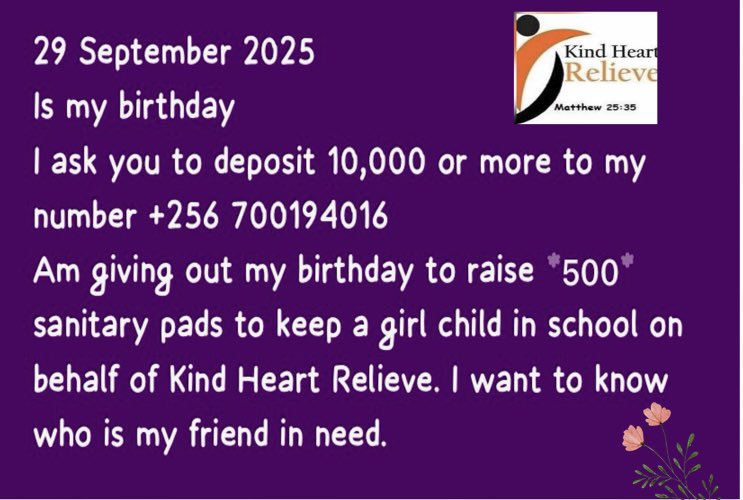 We need ‘500’ sanitary pads to keep the girl child in school 

To support /give follow below
sendwave.com : +256 700194016
PayPal: hanningtonwilliberfoce@gmail.com
Gofundme: gofund.me/458efbea6