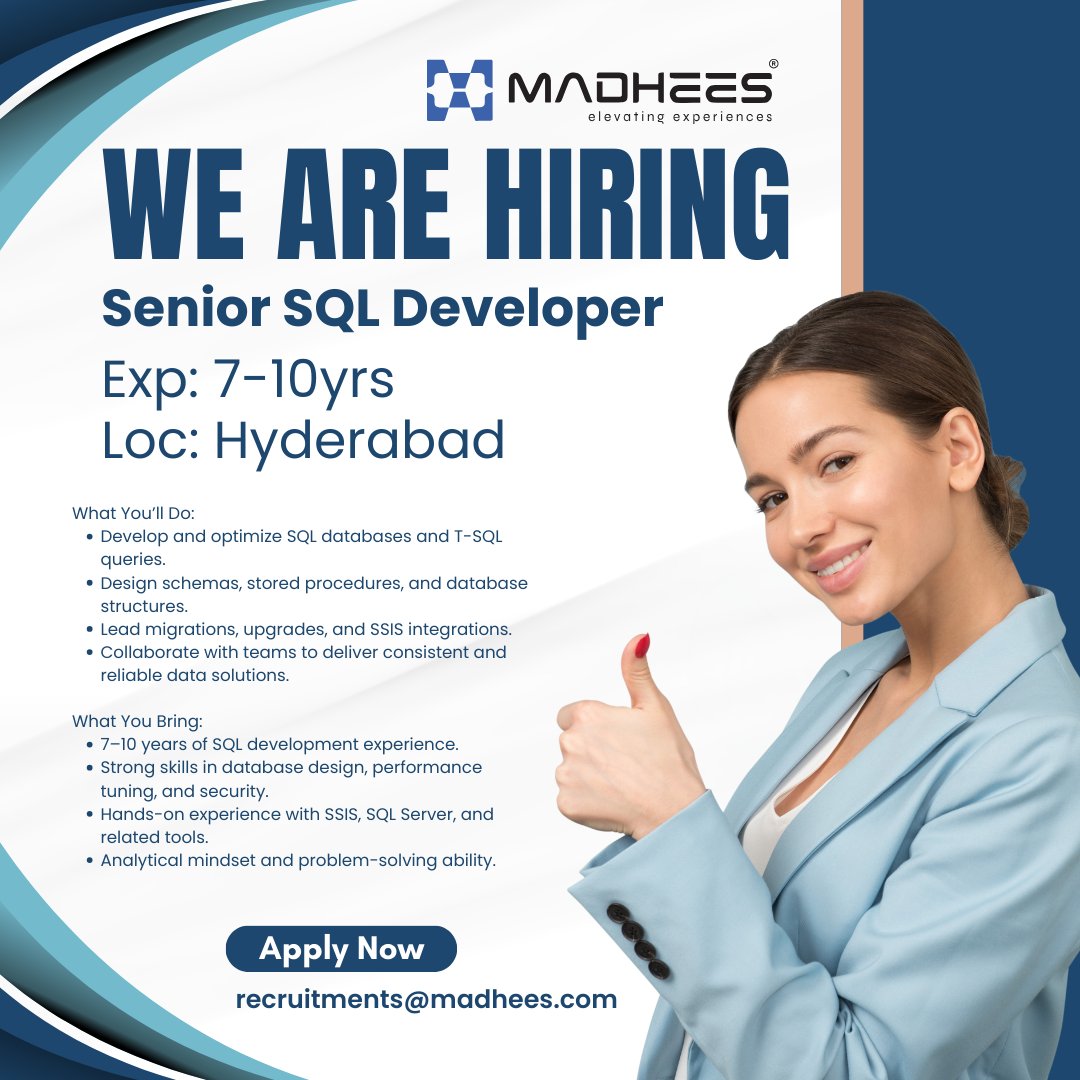 Madhees's tweet image. 🚀 We’re Hiring: Senior SQL Developer  📷 Location: Hyderabad  We’re looking for SQL experts who can make data reliable and actionable. If you have strong SQL skills and love designing robust databases, this is the role for you!  #SQLDeveloper #SQLServer #SSIS #DatabaseDesign