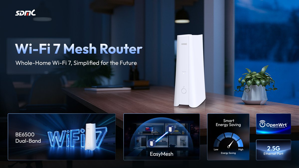 sdmctech's tweet image. Introducing SDMC&apos;s Wi-Fi 7 Mesh Router—designed to deliver whole-home gigabit-speed coverage, effortless scalability, all while maintaining energy-efficient performance.

Connect with SDMC at #NetworkX2025 to deliver next-gen connectivity: en.sdmctech.com/contact-us/ser…

🎯 Booth C80