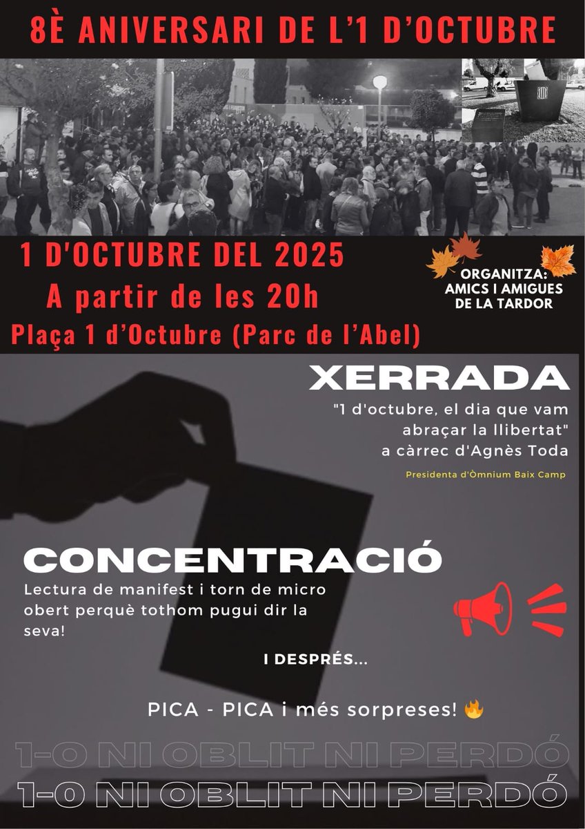 Dimecres 1 d'octubre recordarem el referèndum d'autodeterminació de 2017 a Reus i a la Selva del Camp. Us animem a venir!