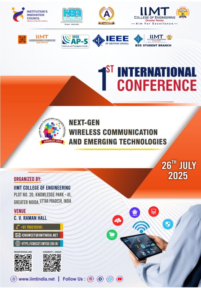 IimtIic's tweet image. 1st international conference  ( Next - Gen Wireless Communication and Emerging Technologies )
#IIMTInternationalConference #NextGenWireless #EmergingTechnologies #GlobalInnovation #FutureOfConnectivity #WirelessTech #SmartTechnologies #IIMTResearch #TechConference2025