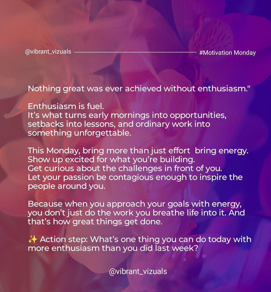 Nothing great was achieved without enthusiasm 

Bring excitement into what you do today.
Let your energy turn tasks into opportunities.
Greatness doesn’t come from doing more it comes from doing what matters with passion.
#MondayMotivation