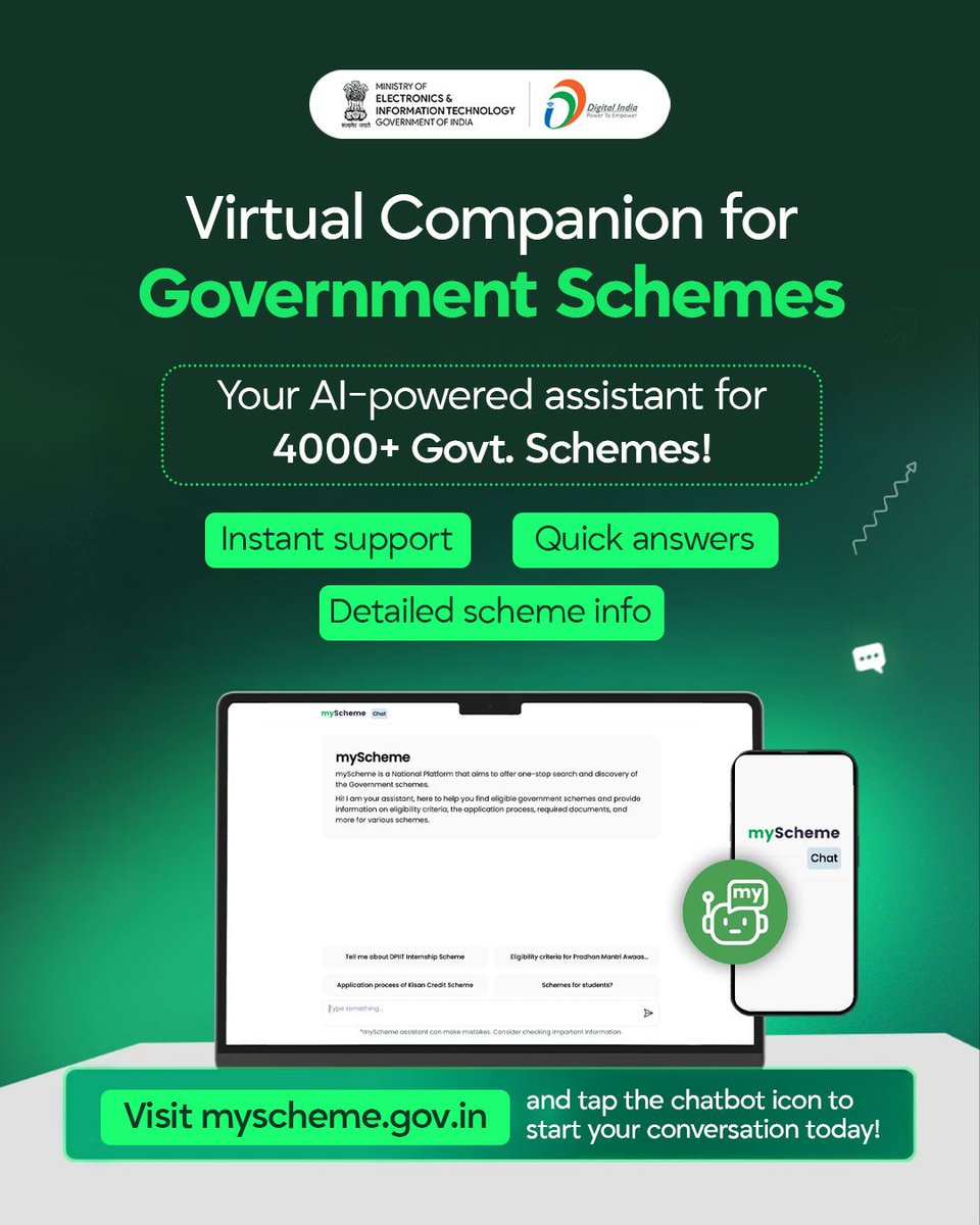 GoI_MeitY's tweet image. Say hello to your Virtual Companion! 
Now get instant answers &amp;amp; guidance on 4000+ Government Schemes—right at your fingertips.
Visit 👉 myscheme.gov.in
 
#DigitalIndia #MyScheme #GovTech

@myscheme