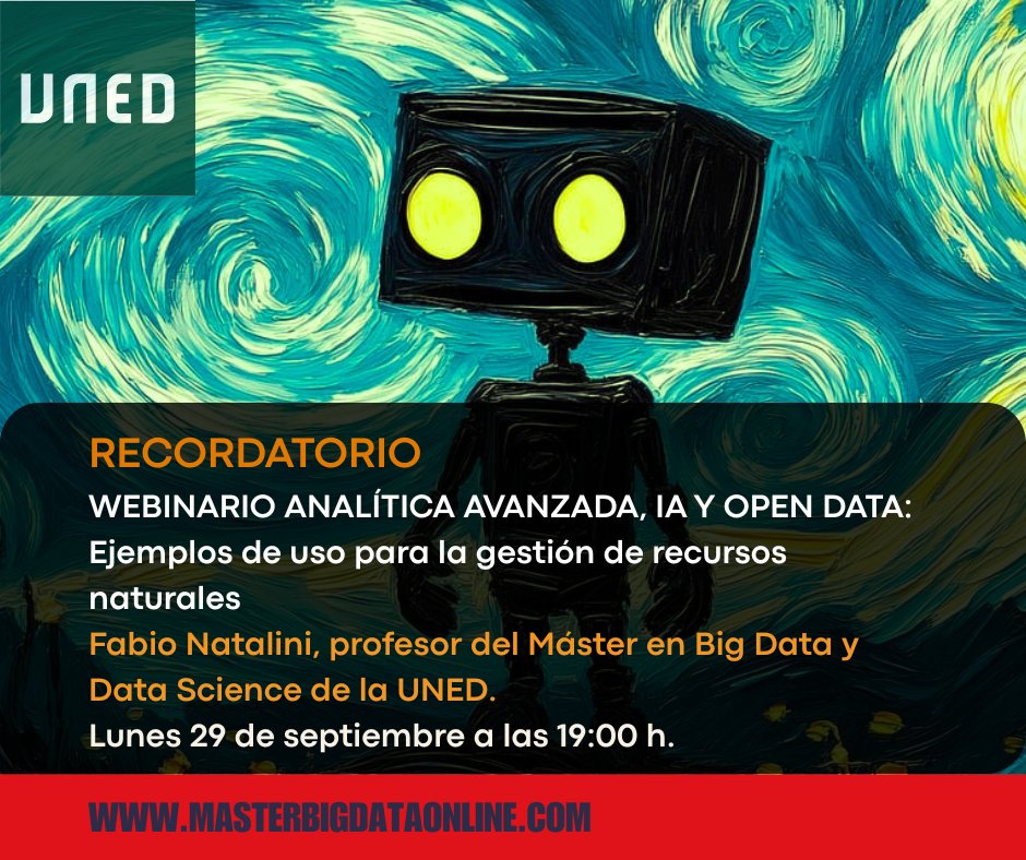 bigdatauned's tweet image. WEBINARIO ANALÍTICA AVANZADA, IA Y OPEN DATA: Hoy lunes 29 de septiembre a las 19:00 horas.
Enlace: teams.microsoft.com/meet/332409366…
#bigdata #datascience #Estadista #estadisticas #CienciaDeDatos #analisisdedatos #datos #cientificodedatos @FundacionUNED