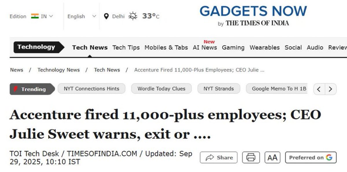 imcryptofreak's tweet image. 🚨 Just yesterday, I tweeted about how AI is eating industries fast — and today, Accenture announces plans to lay off 11,000 employees over the next 3 months.

⚡ Possible reason? The rapid adoption of AI replacing traditional roles.

This is exactly why I said AI + Crypto could…