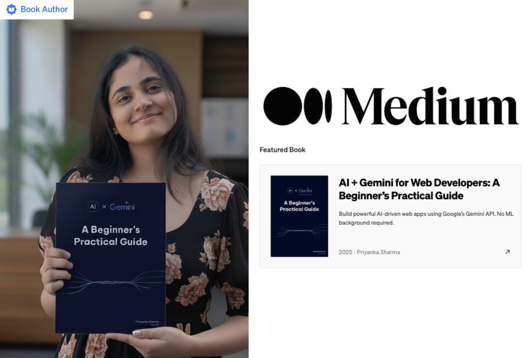 lassiecoder's tweet image. My beginner-friendly e-book “AI + Gemini for Web Developers” has been featured on Medium 🎉

On top of that, I received the &apos;Book Author&apos; badge, which feels like a nice little recognition for the effort that went into it.

This e-book was my attempt to make AI a little less…