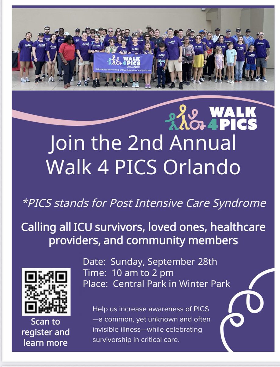 One week left until Walk-4-PICS Orlando! If you're a critical illness survivor, a clinician, or just a curious member of the public, we need you there! If you don't know the term post-intensive care syndrome, we need you there! Please sign up using the QR code below.