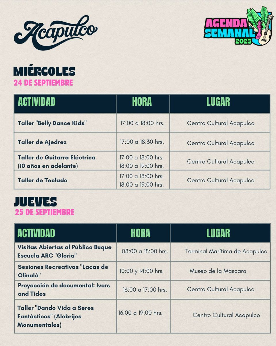 Del 22 al 28 de septiembre, déjate llevar por todo lo que este paraíso tiene para ofrecer. 🌴 🌊✨

📍Hotel Emporio Acapulco
📍Centro Cultural Acapulco Oficial
📍Centro Cultural Rosalba de Olvera
📍Parque Papagayo Acapulco
📍Puerto Acapulco
📍Forum Mundo Imperial