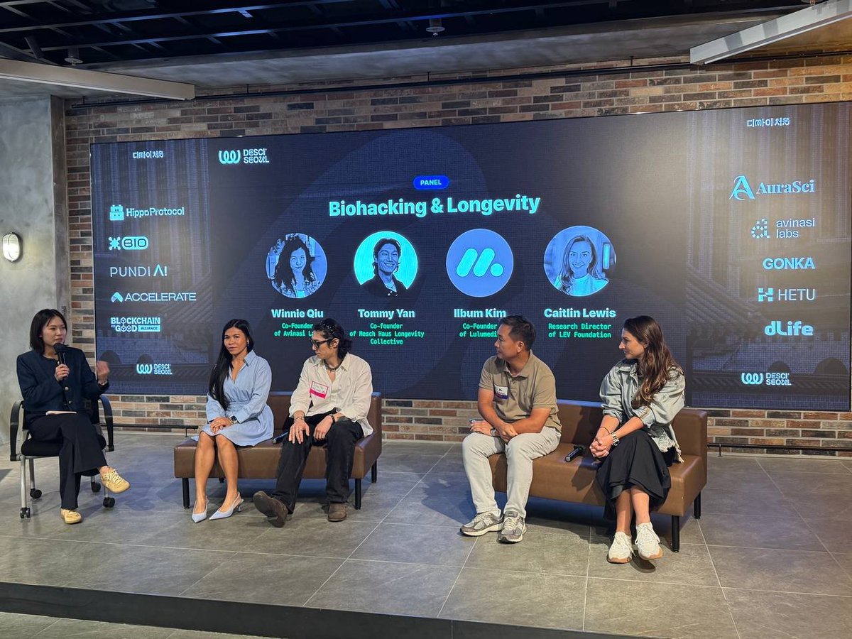 DesciSeoul's tweet image. Panel 2: Biohacking &amp;amp; Longevity

Winnie Qiu, Co-founder @avinasilabs 
Tommy Yan, Co-founder at Mesch Haus Longevity Collective
Ilbum Kim, Co- Founder at LuluMedic
Caitlin Lewis, Research Director @LEVfoundation
