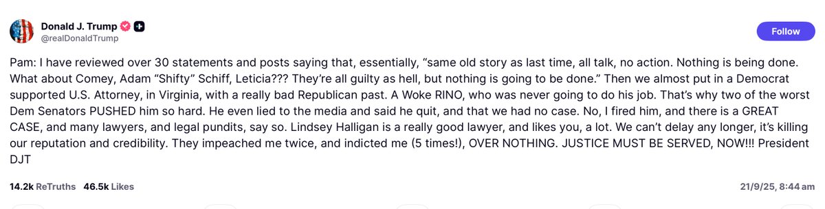 The weaponisation of the criminal prosecution process by the Trump White House is one more example of the rapidly declining democracy in the US.  There will be consequences for us. In our country we have Directors of Public Prosecutions Federally and at State level as in the